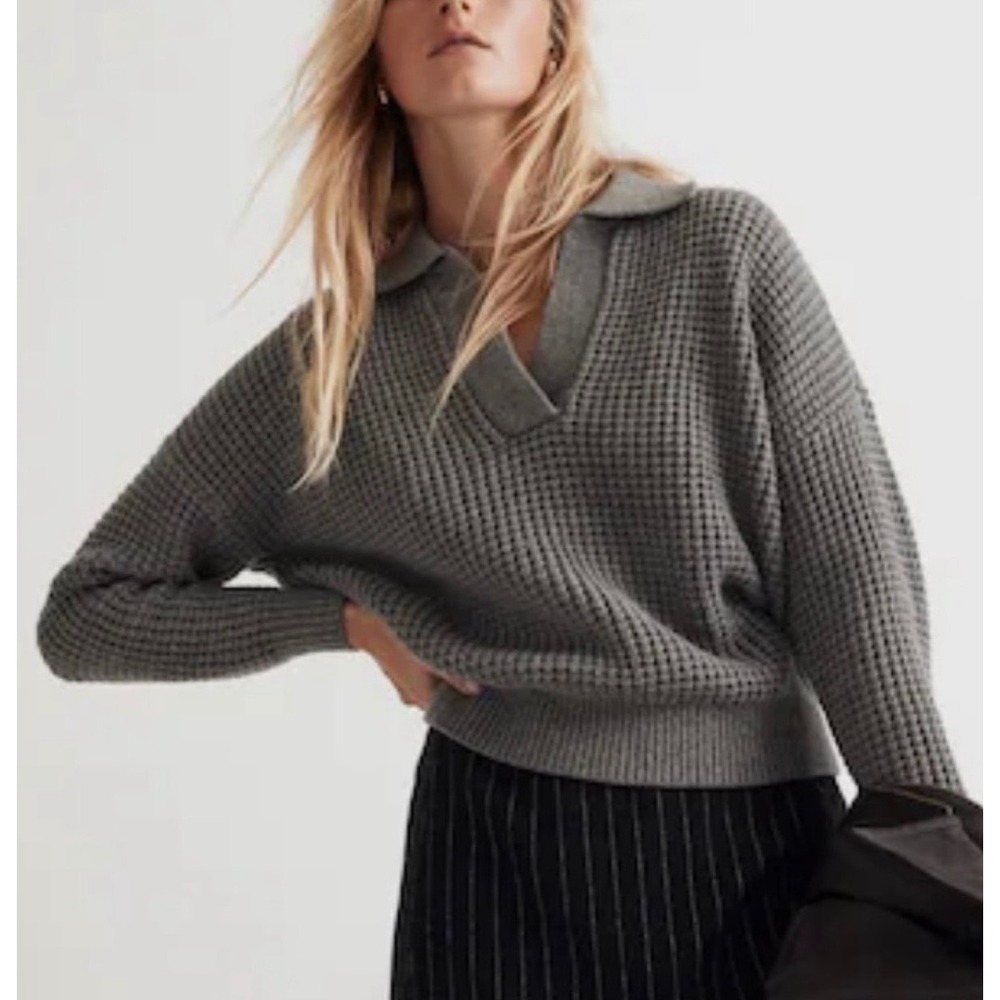 Madewell Gray Waffle Knit Sweater Plus Women's 2X Collared Pullover Cozy Fall